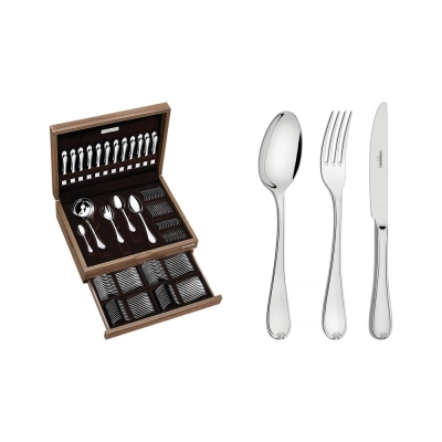 Faqueiro Vicenza em Aço Inox com Facas de Mesa Forjadas Acabamento Alto Brilho com Detalhes no Cabo e Estojo de Madeira