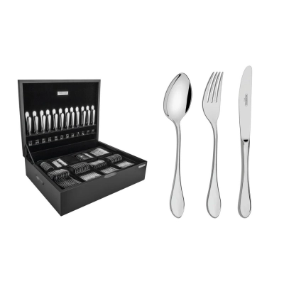 Faqueiro Italy em Aço Inox com Facas de Mesa Forjadas Acabamento Brilho e Estojo de Madeira 130 Peças - Tramontina
